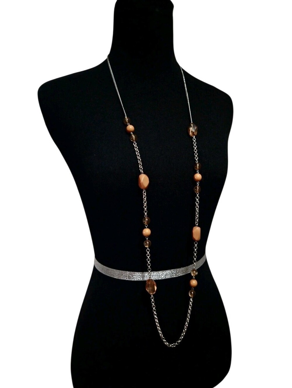 Long Silver Tone Necklace Brown & Tan Beads Mixed Shapes Layered Style EUC